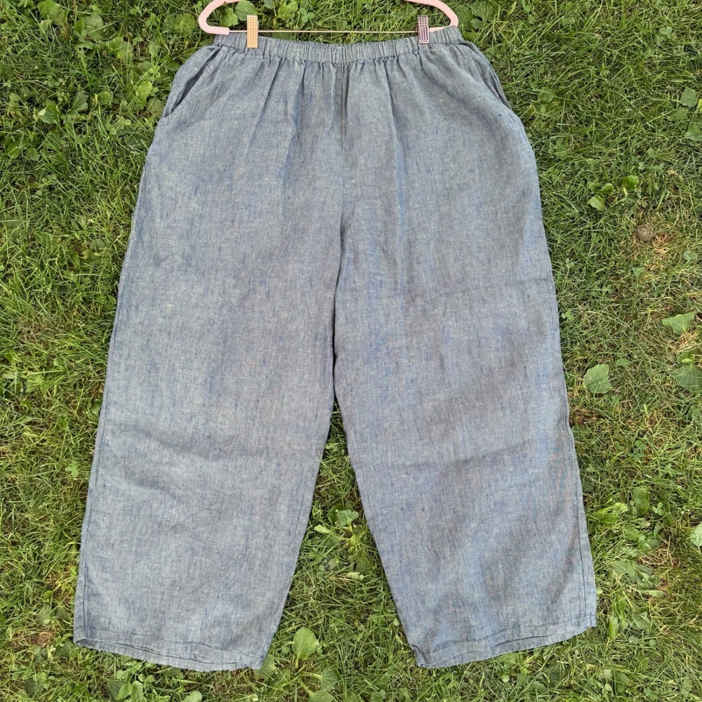 FLAX Linen Wide Leg Pant Large Blue Elastic Waist Pocket VTG